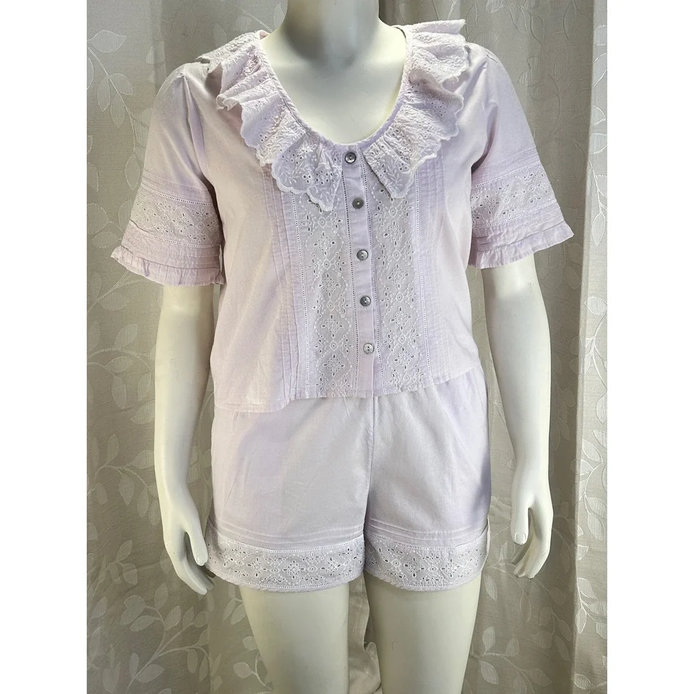 Women's‎ Medium Pink Pajama Set Ruffle Collar Top & Shorts Boho Cottagecore